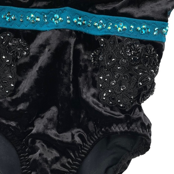 Competition Dance Solo Costume Black Velvet Leotard Teal Accent Rhinestones AXXS - Picture 6 of 14